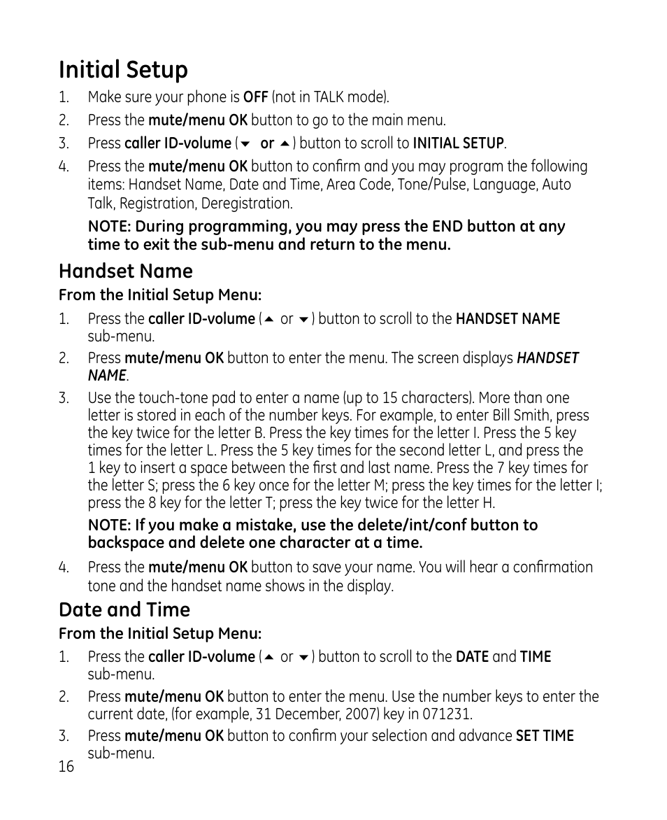 Initial setup, Handset name, Date and time | GE 28213 Series User Manual | Page 16 / 48