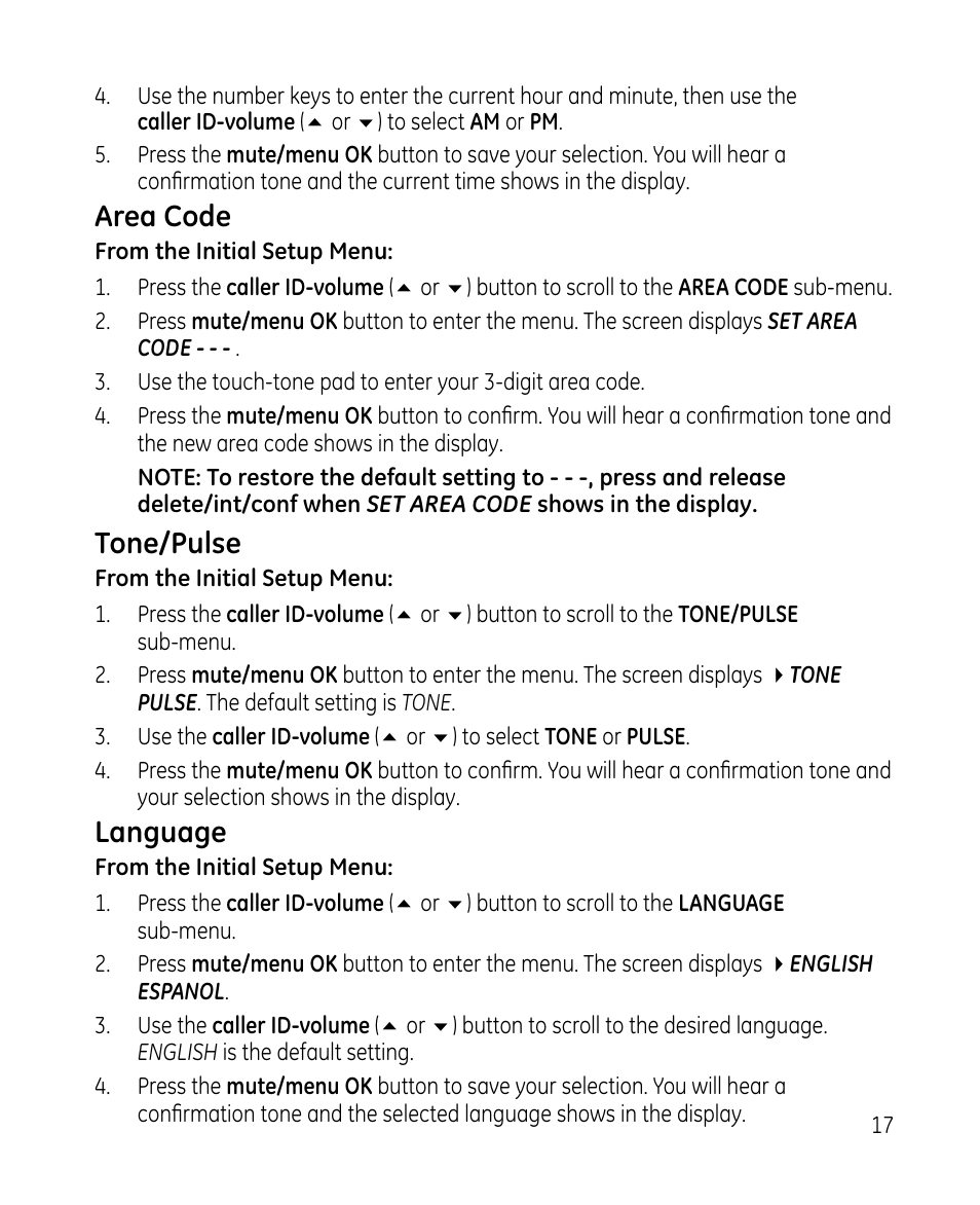 Area code, Tone/pulse, Language | GE 28213 Series User Manual | Page 17 / 48