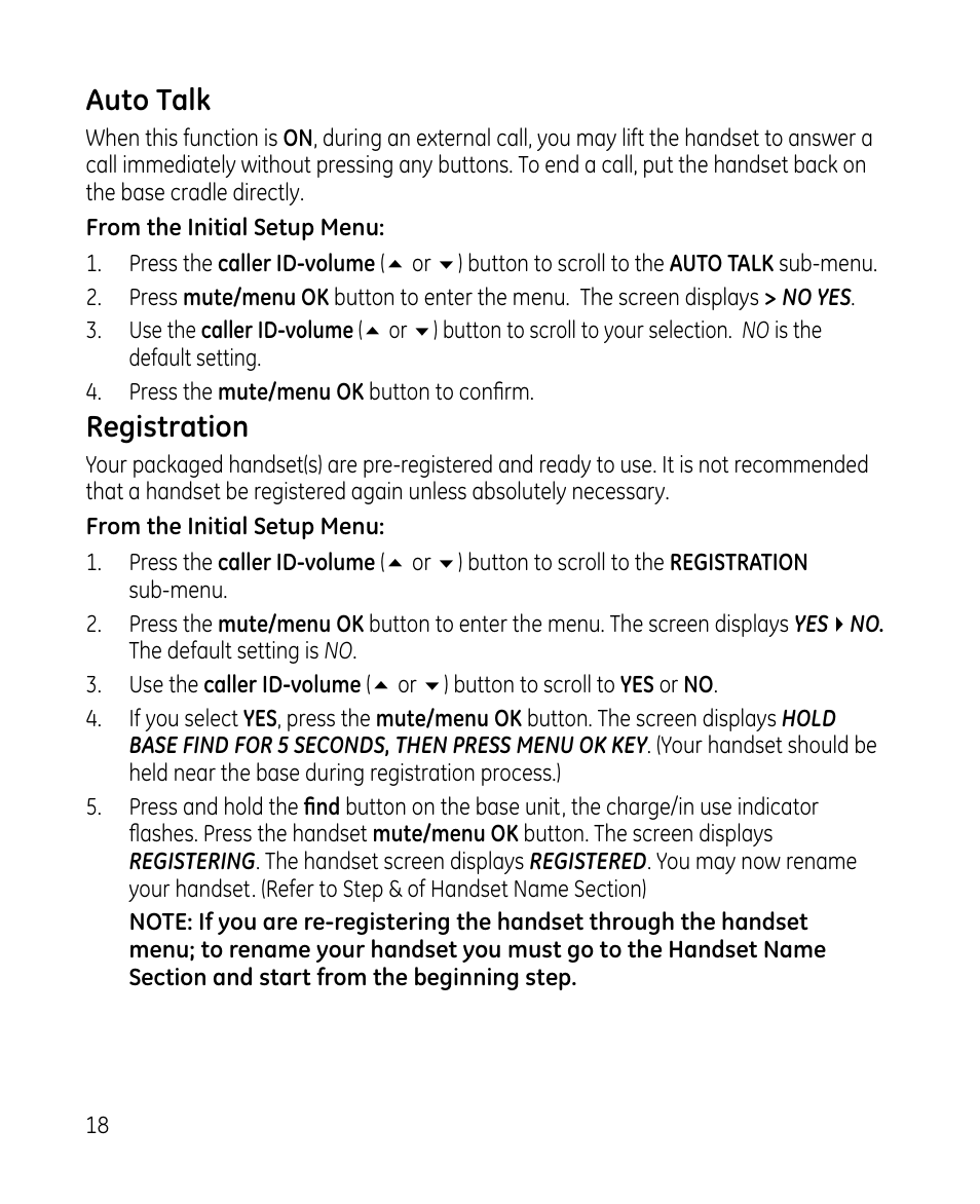 Auto talk, Registration | GE 28213 Series User Manual | Page 18 / 48