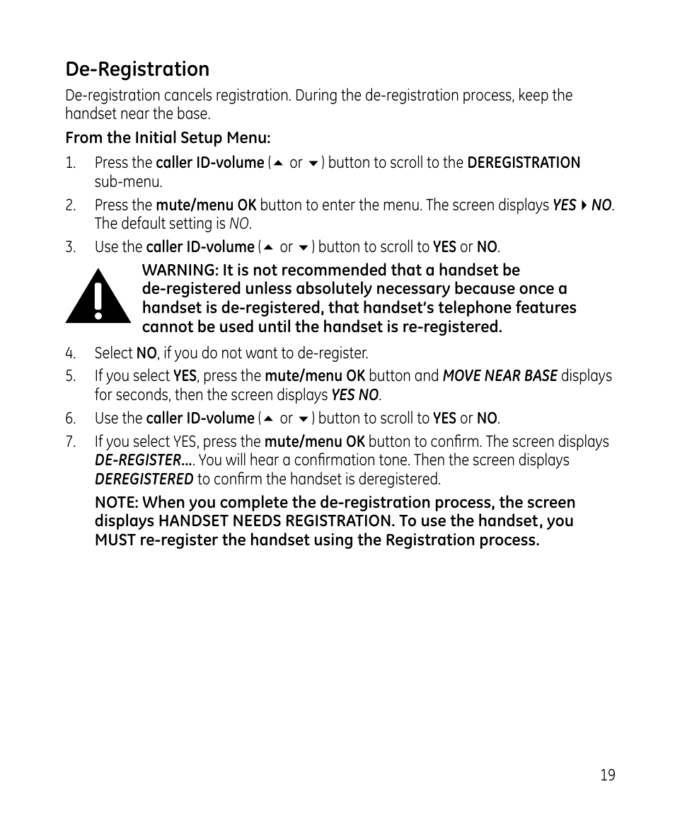 De-registration | GE 28213 Series User Manual | Page 19 / 48