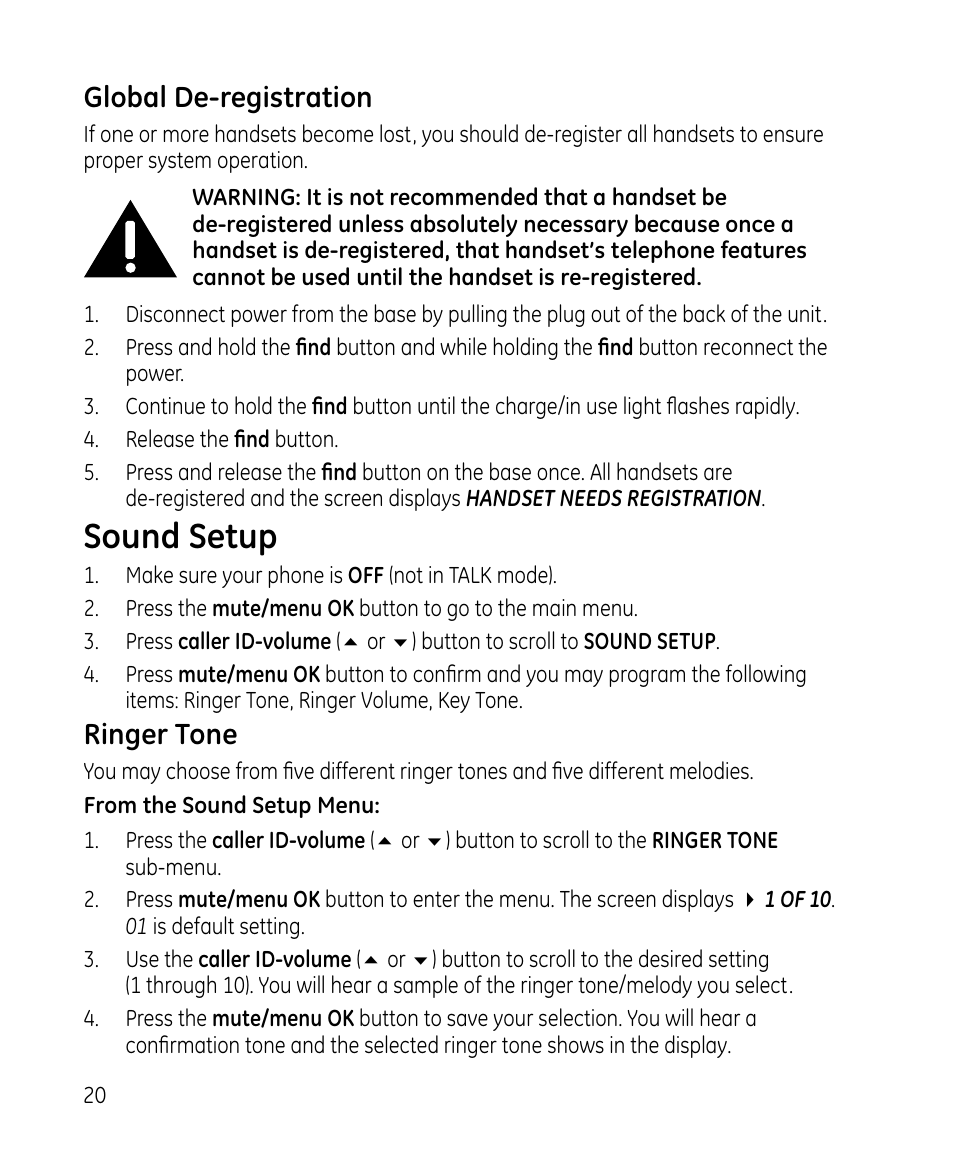 Sound setup, Global de-registration, Ringer tone | GE 28213 Series User Manual | Page 20 / 48