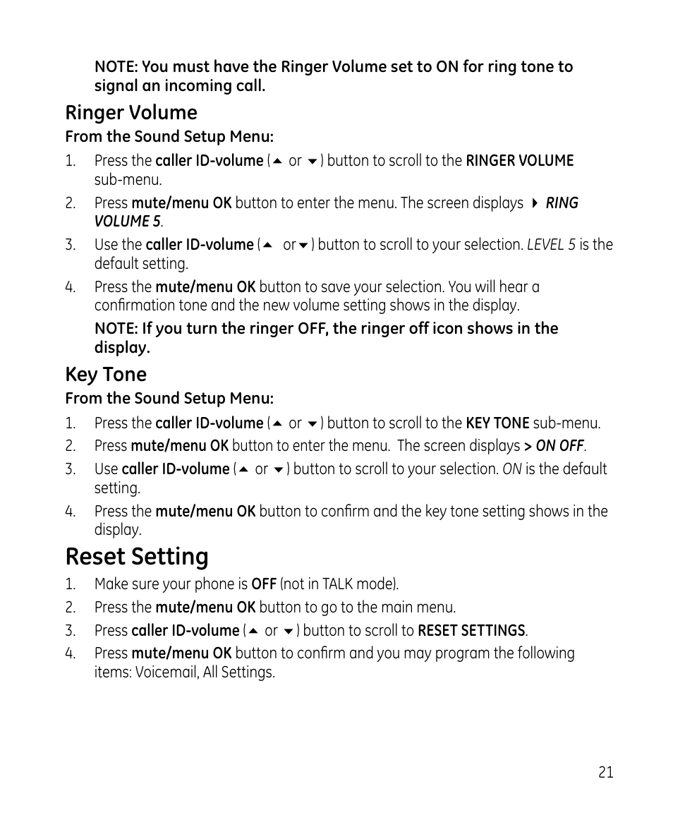 Reset setting, Ringer volume, Key tone | GE 28213 Series User Manual | Page 21 / 48