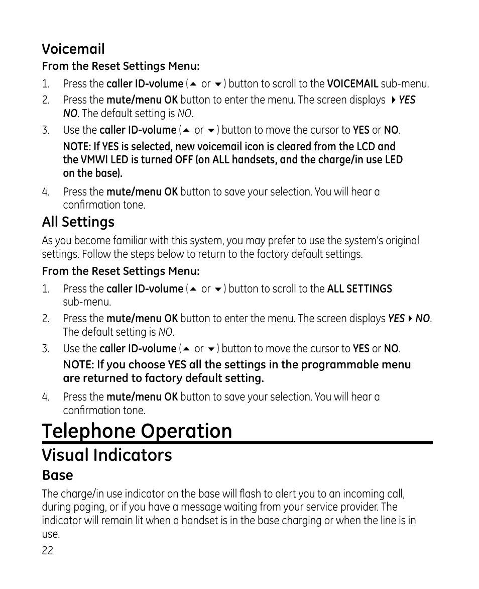 Telephone operation, Visual indicators, Voicemail | All settings, Base | GE 28213 Series User Manual | Page 22 / 48