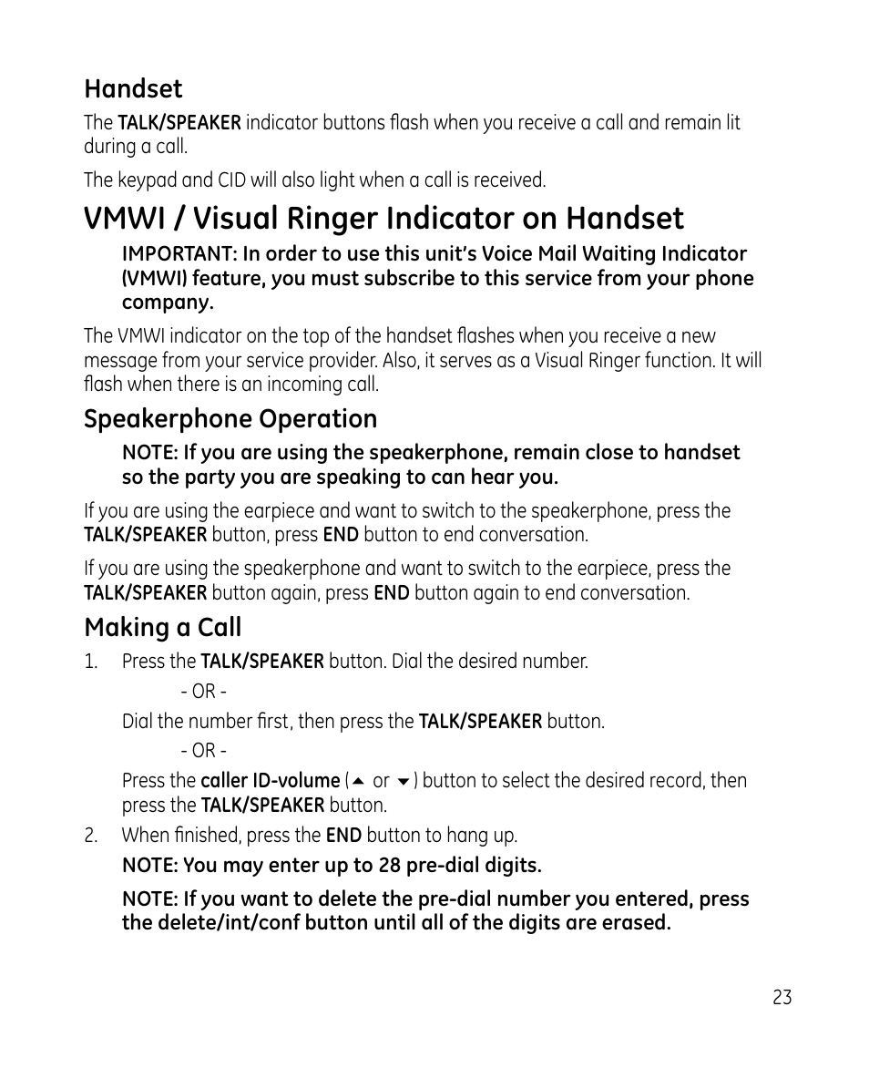 Vmwi / visual ringer indicator on handset, Handset, Speakerphone operation | Making a call | GE 28213 Series User Manual | Page 23 / 48