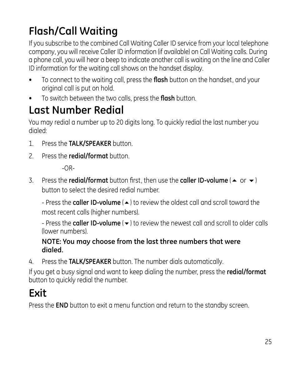 Flash/call waiting, Last number redial, Exit | GE 28213 Series User Manual | Page 25 / 48