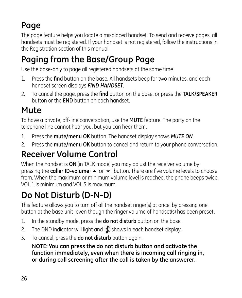 Page, Paging from the base/group page, Mute | Receiver volume control, Do not disturb (d-n-d) | GE 28213 Series User Manual | Page 26 / 48