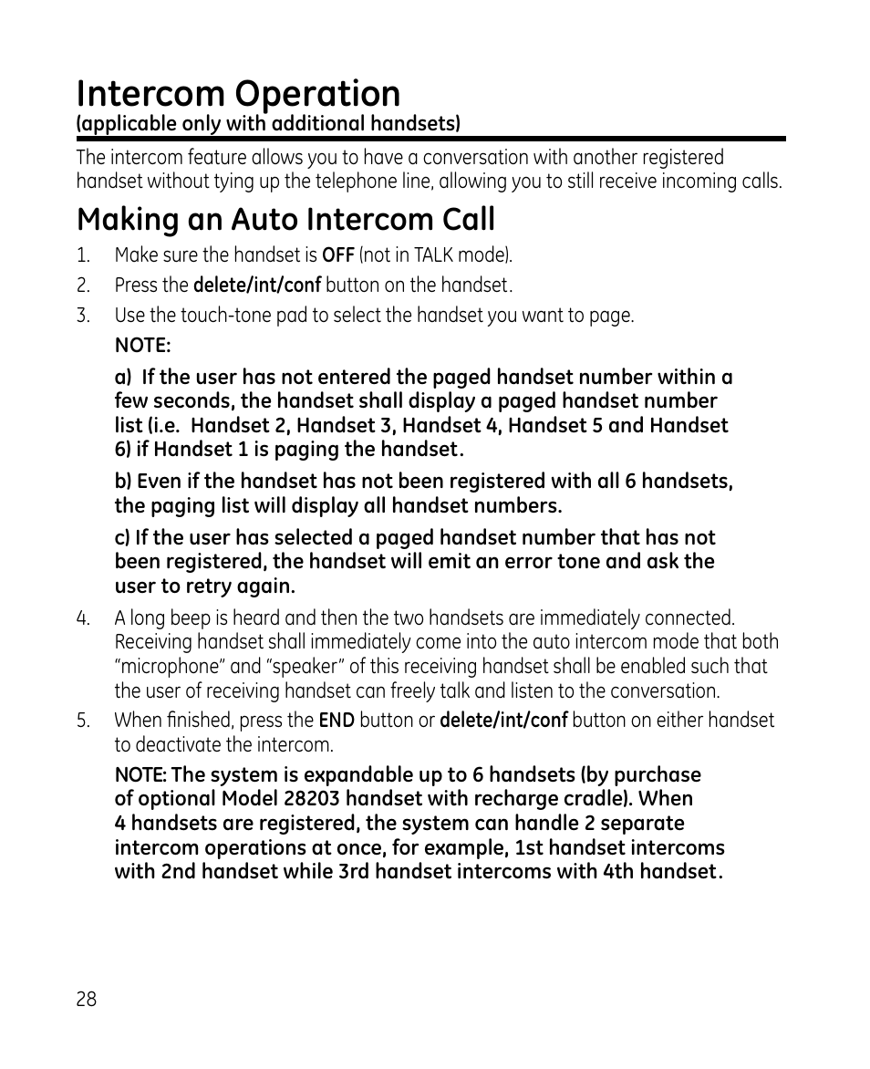 Intercom operation, Making an auto intercom call | GE 28213 Series User Manual | Page 28 / 48