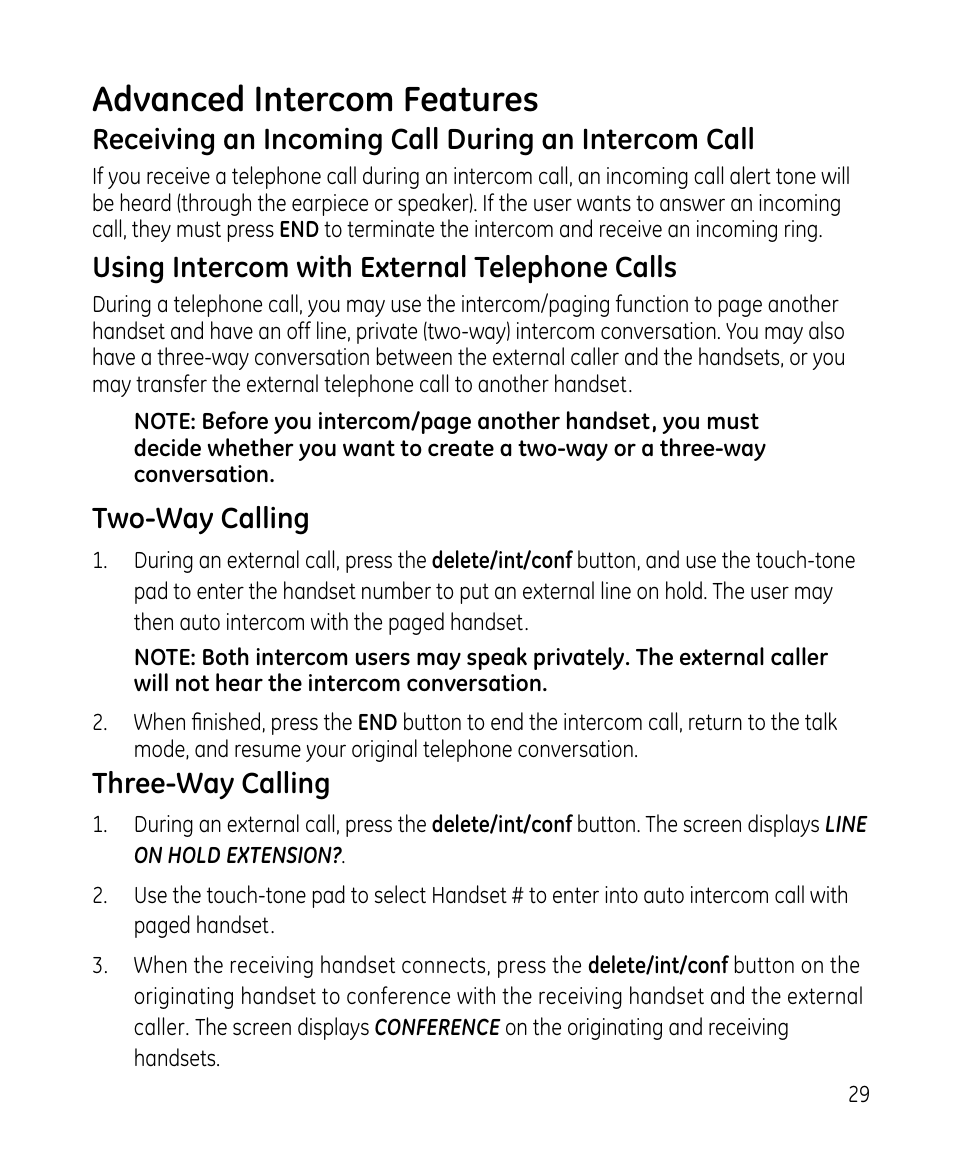 Advanced intercom features, Receiving an incoming call during an intercom call, Using intercom with external telephone calls | Two-way calling, Three-way calling | GE 28213 Series User Manual | Page 29 / 48