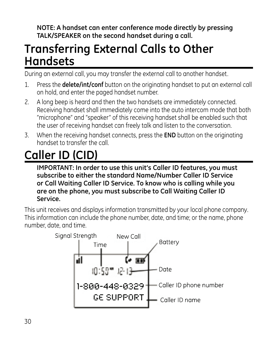 Transferring external calls to other handsets, Caller id (cid) | GE 28213 Series User Manual | Page 30 / 48