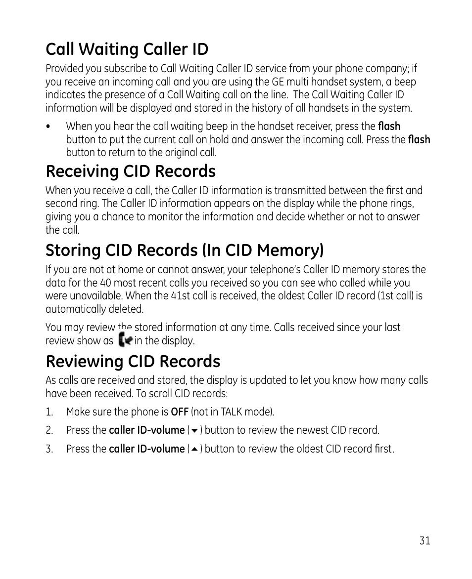 Call waiting caller id, Receiving cid records, Reviewing cid records | GE 28213 Series User Manual | Page 31 / 48