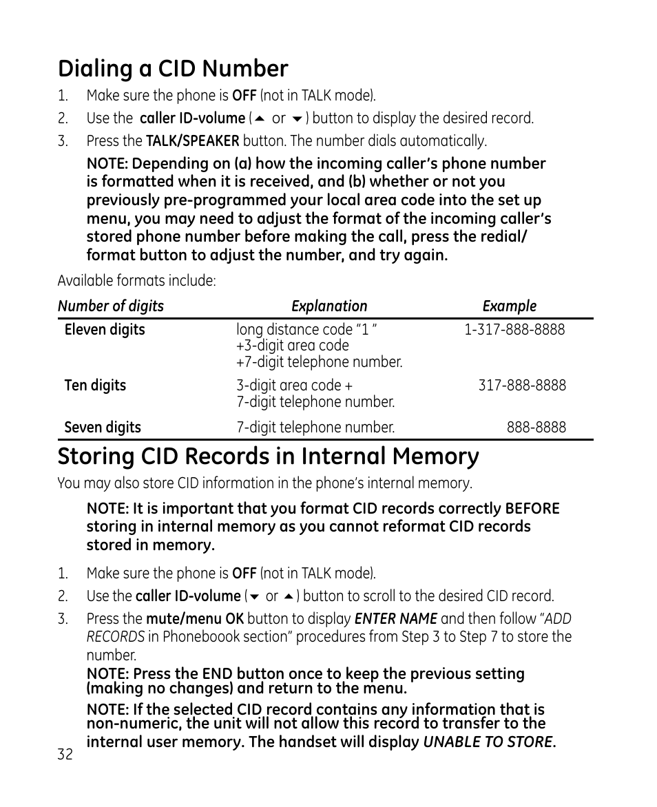 Dialing a cid number | GE 28213 Series User Manual | Page 32 / 48