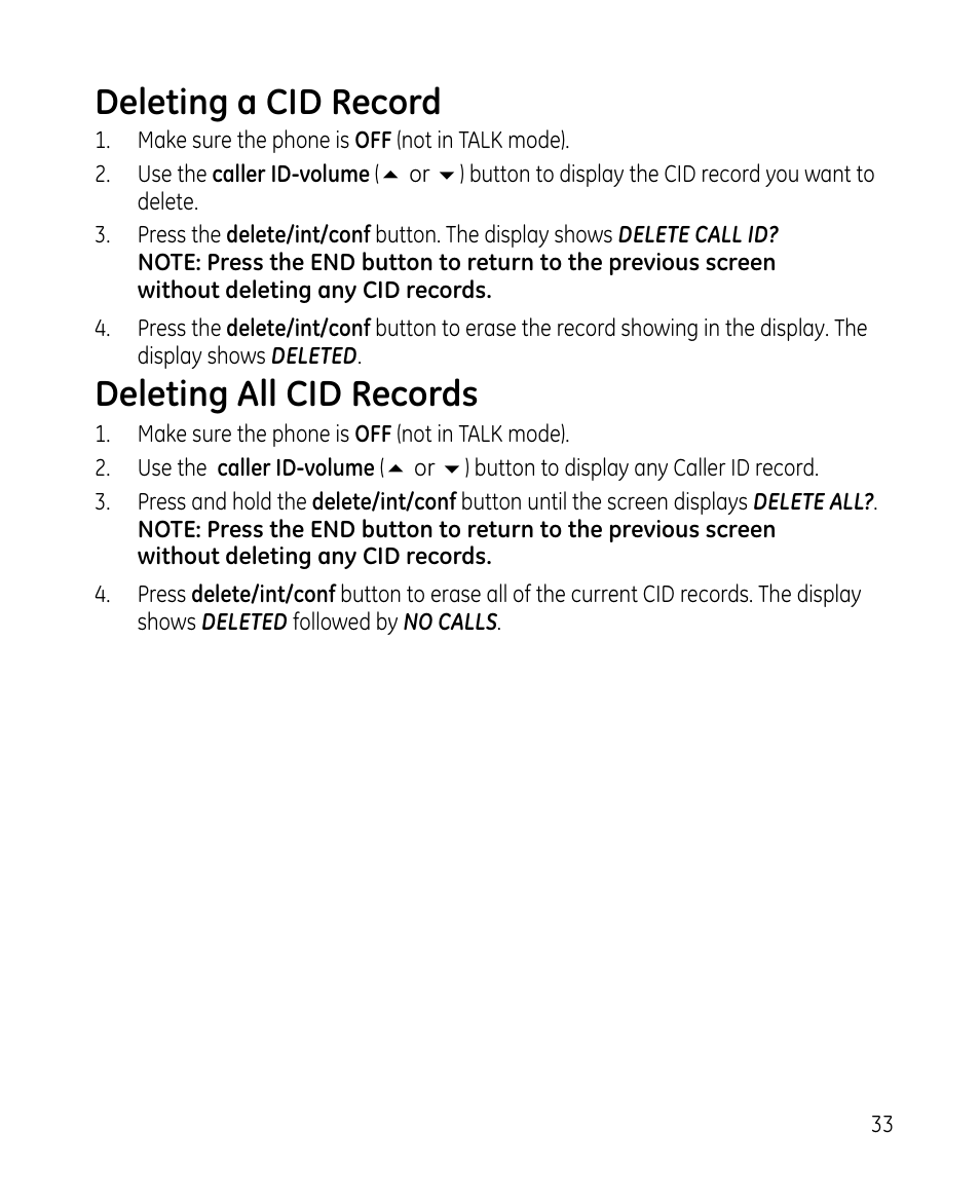 Deleting a cid record, Deleting all cid records | GE 28213 Series User Manual | Page 33 / 48