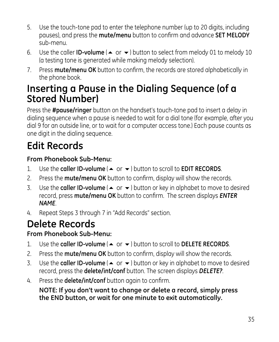 Edit records, Delete records | GE 28213 Series User Manual | Page 35 / 48