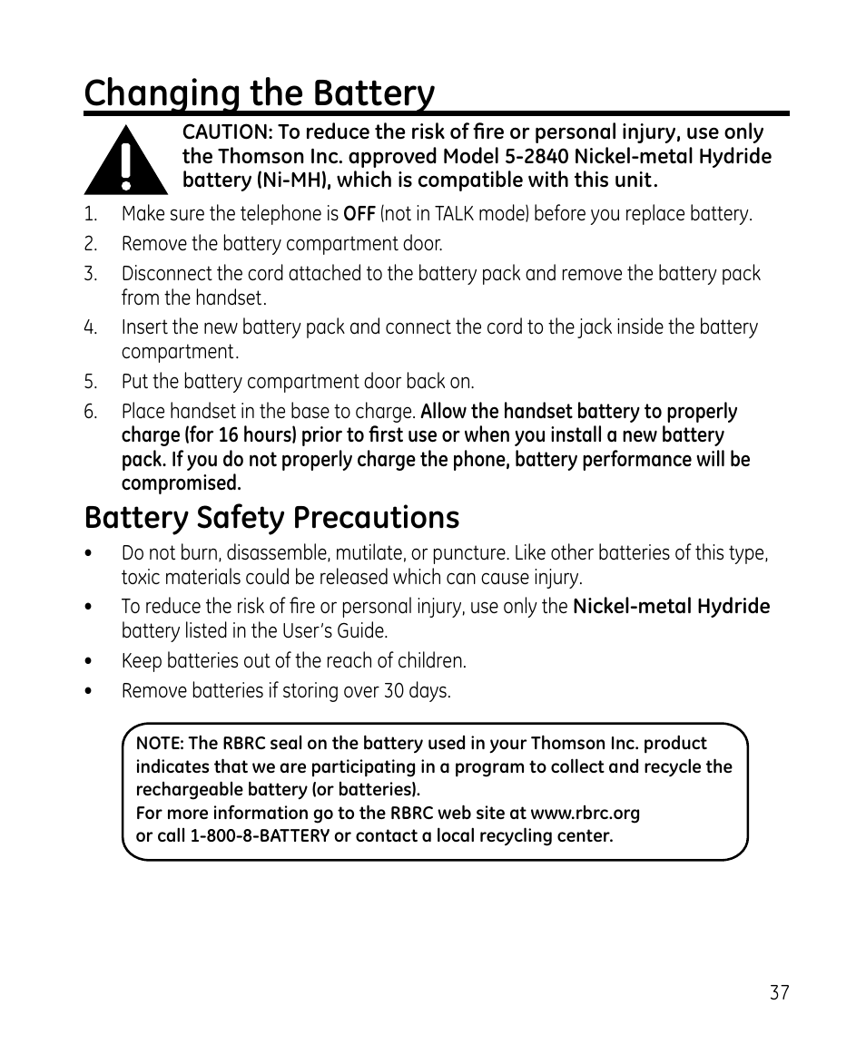 Changing the battery, Battery safety precautions | GE 28213 Series User Manual | Page 37 / 48