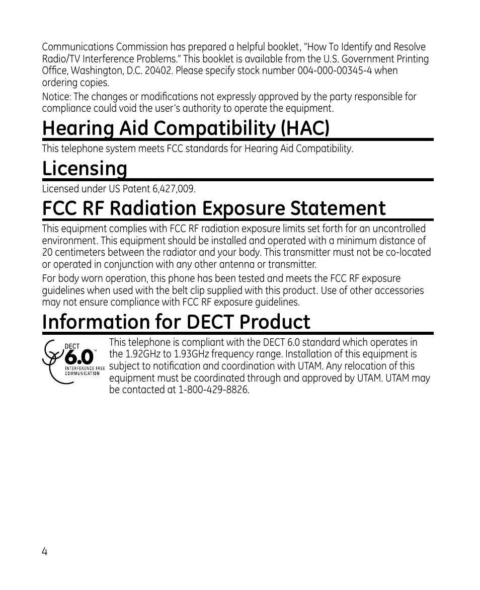 Hearing aid compatibility (hac), Licensing, Fcc rf radiation exposure statement | Information for dect product | GE 28213 Series User Manual | Page 4 / 48