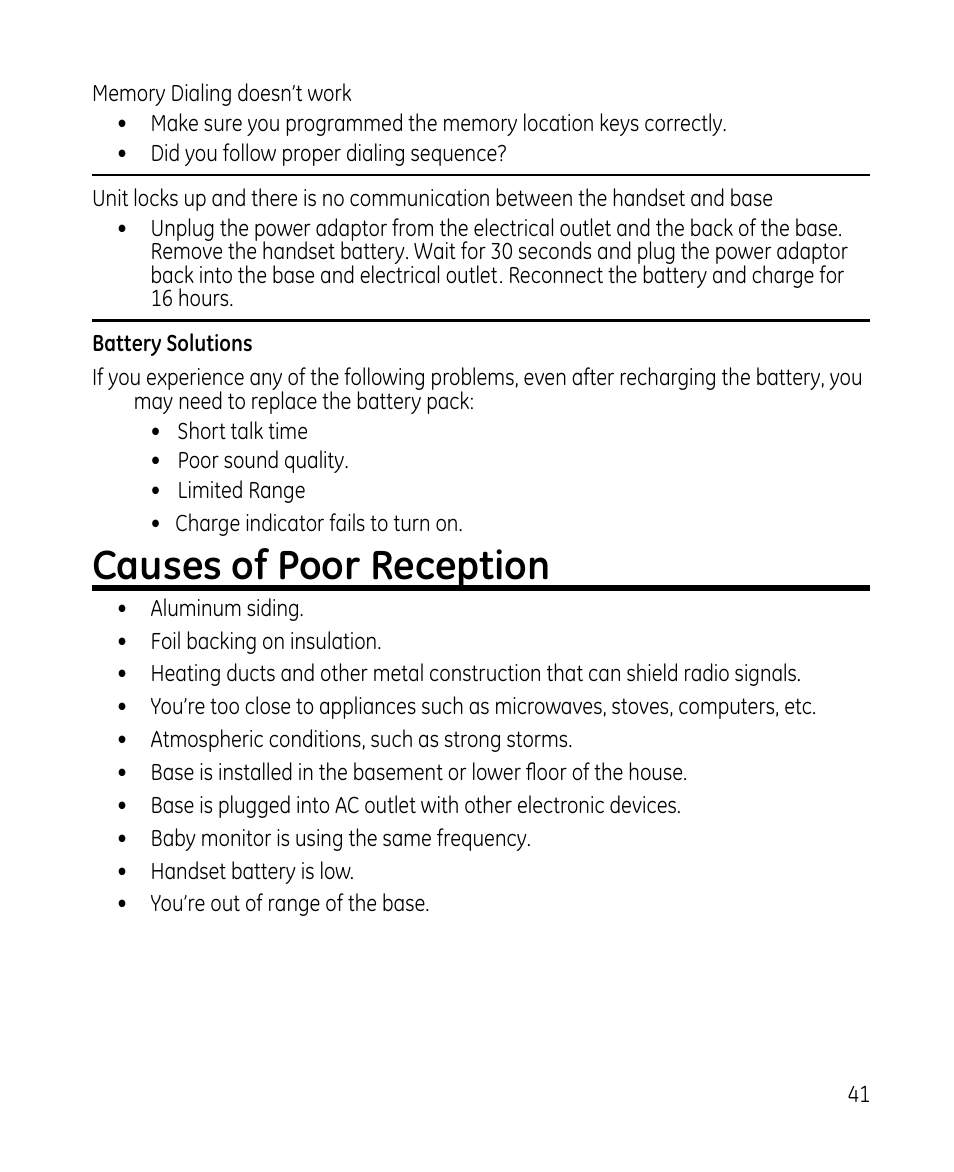 Causes of poor reception | GE 28213 Series User Manual | Page 41 / 48