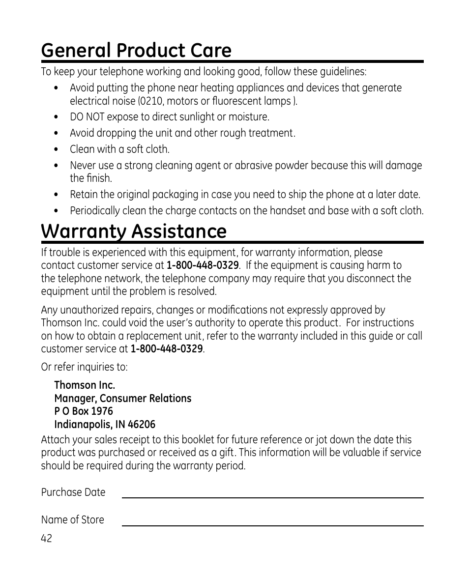 General product care, Warranty assistance | GE 28213 Series User Manual | Page 42 / 48