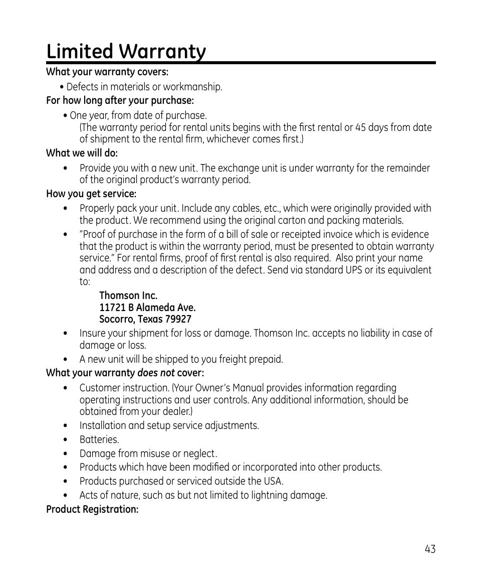 Limited warranty | GE 28213 Series User Manual | Page 43 / 48