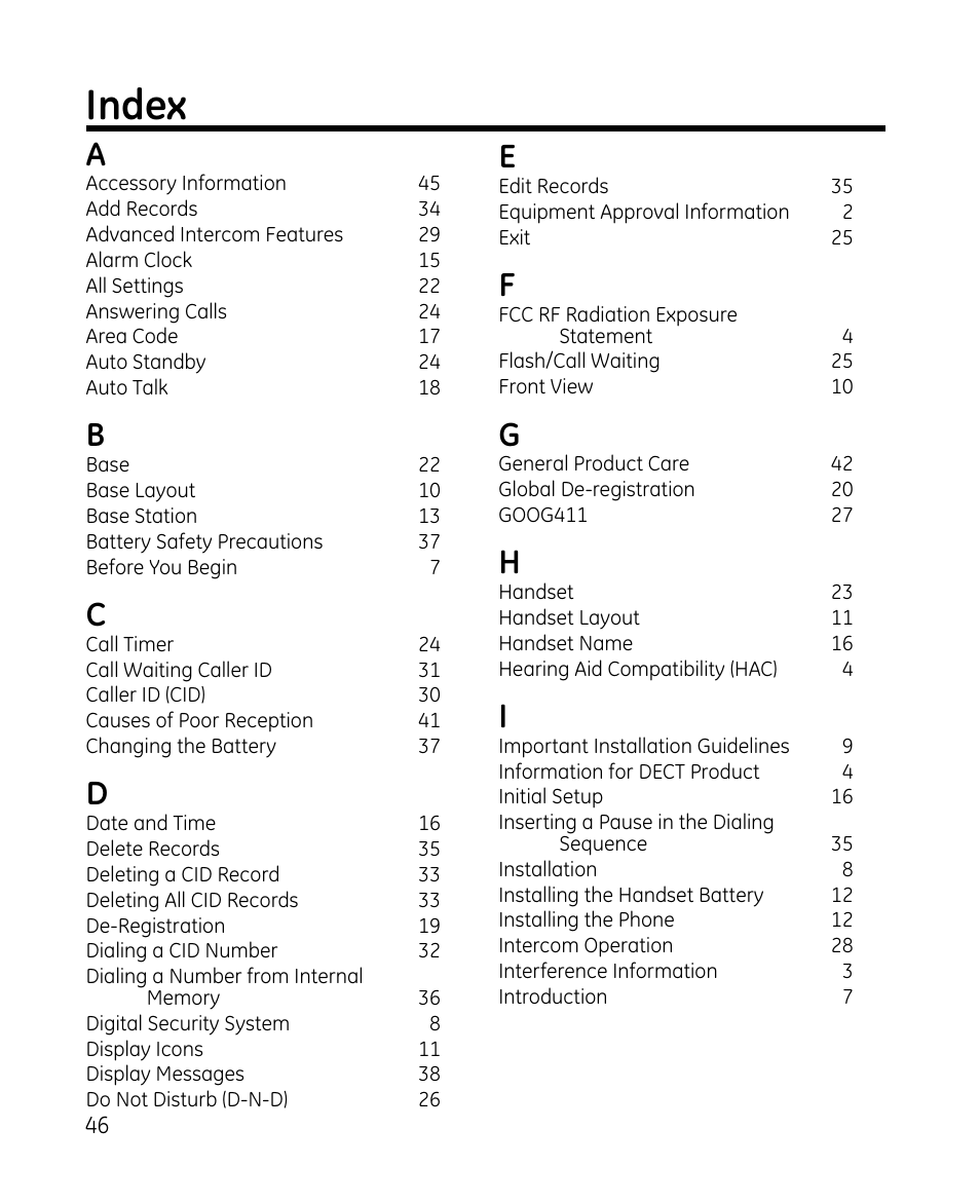 Index | GE 28213 Series User Manual | Page 46 / 48