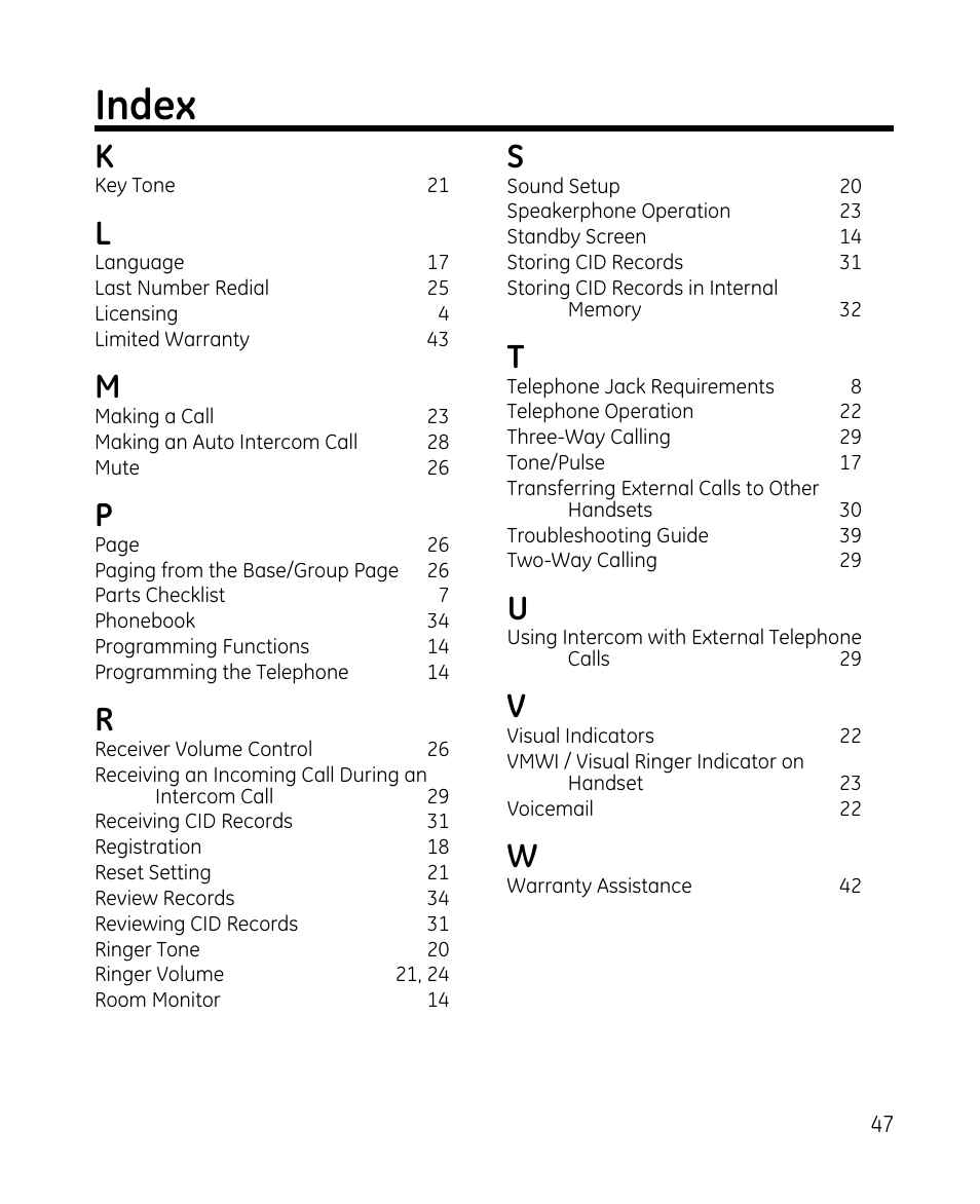 Index | GE 28213 Series User Manual | Page 47 / 48