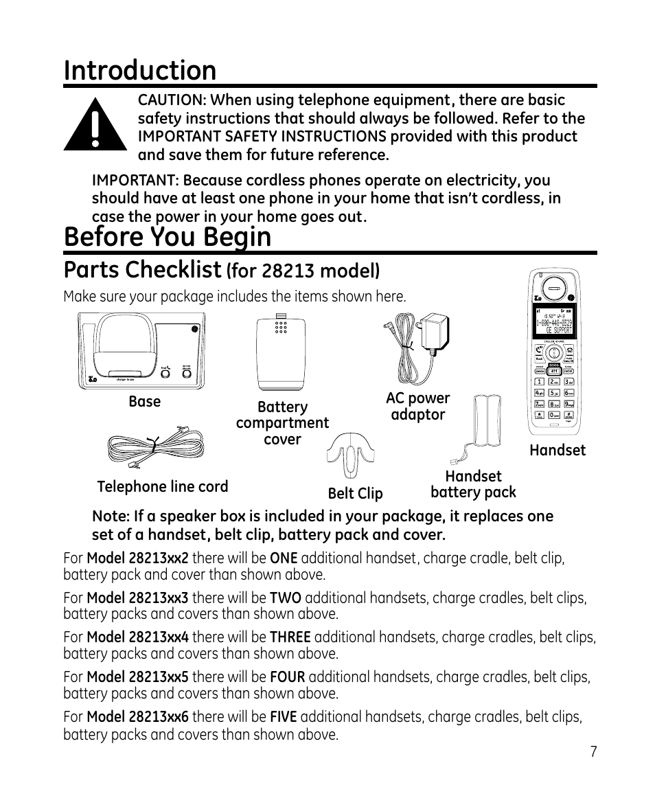 Before you begin, Introduction, Parts checklist | GE 28213 Series User Manual | Page 7 / 48
