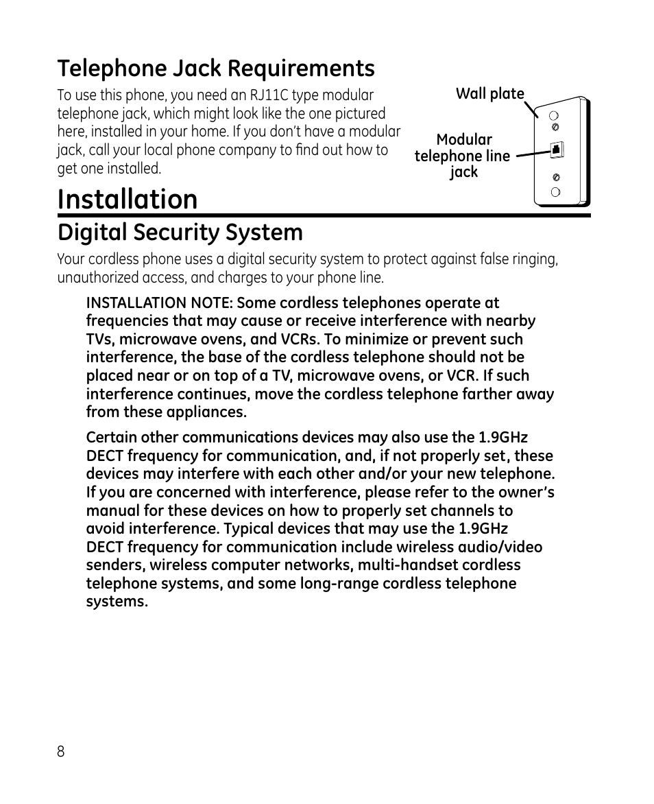 Installation, Telephone jack requirements, Digital security system | GE 28213 Series User Manual | Page 8 / 48