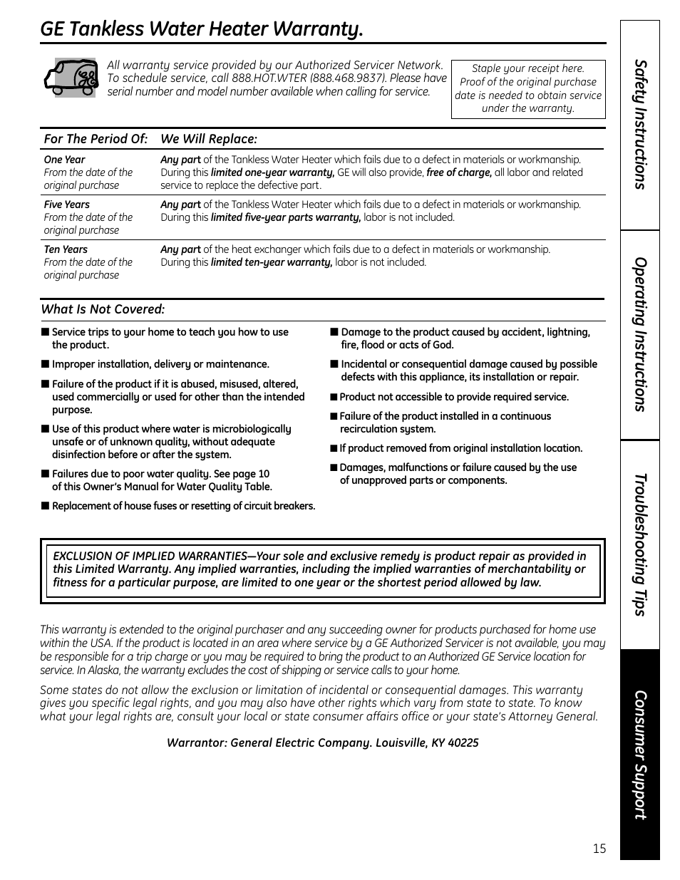 Warranty, Ge tankless water heater warranty | GE GP94DNSRSA User Manual | Page 15 / 16