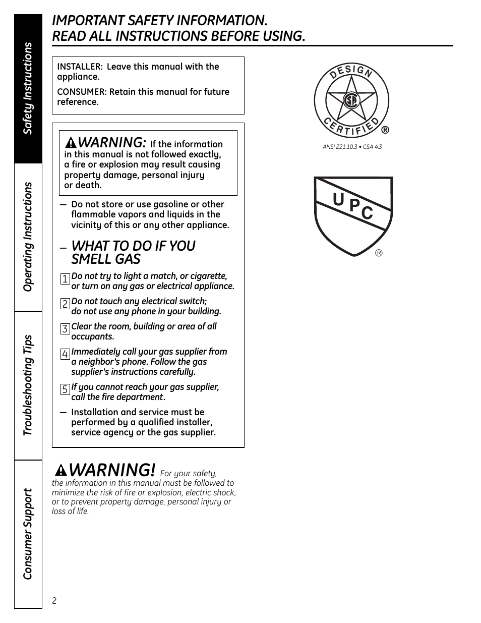 Safety information, Warning, U p c | What to do if you smell gas | GE GP94DNSRSA User Manual | Page 2 / 16