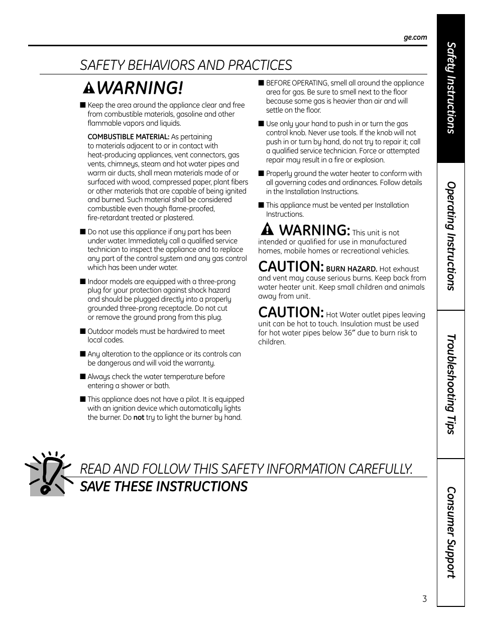 Warning, Caution, Safety behaviors and practices | GE GP94DNSRSA User Manual | Page 3 / 16