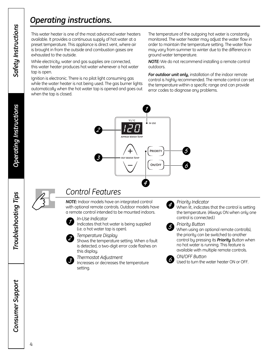 Control features, Operating instructions | GE GP94DNSRSA User Manual | Page 4 / 16