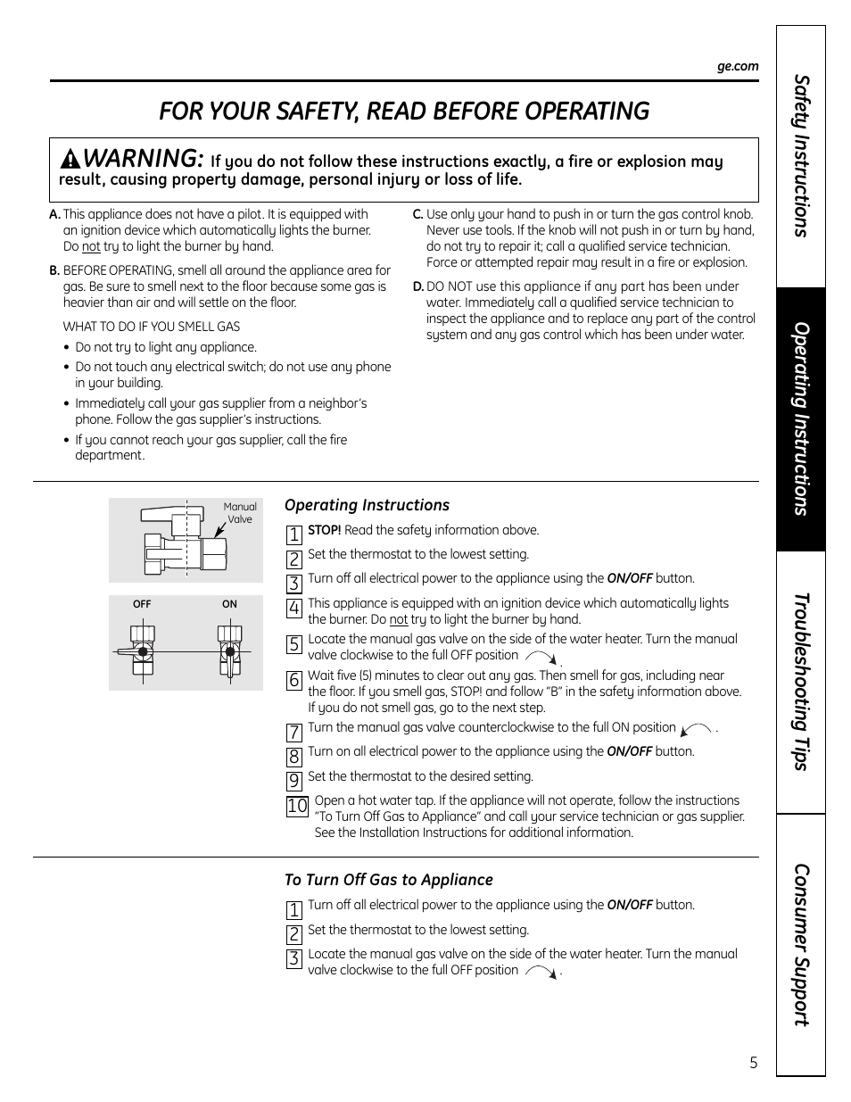 To set the water heater, To turn off gas to the water heater, For your safety, read before operating warning | GE GP94DNSRSA User Manual | Page 5 / 16
