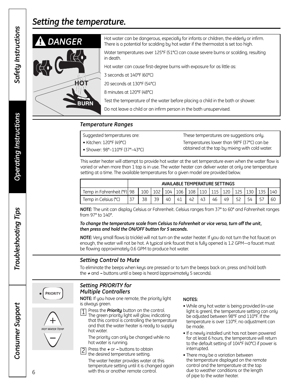 Setting priority for multiple controllers, Setting the temperature, Danger | GE GP94DNSRSA User Manual | Page 6 / 16