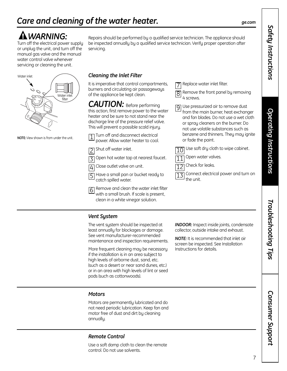 Care and cleaning, Care and cleaning –8, Care and cleaning of the water heater | Caution, Warning | GE GP94DNSRSA User Manual | Page 7 / 16