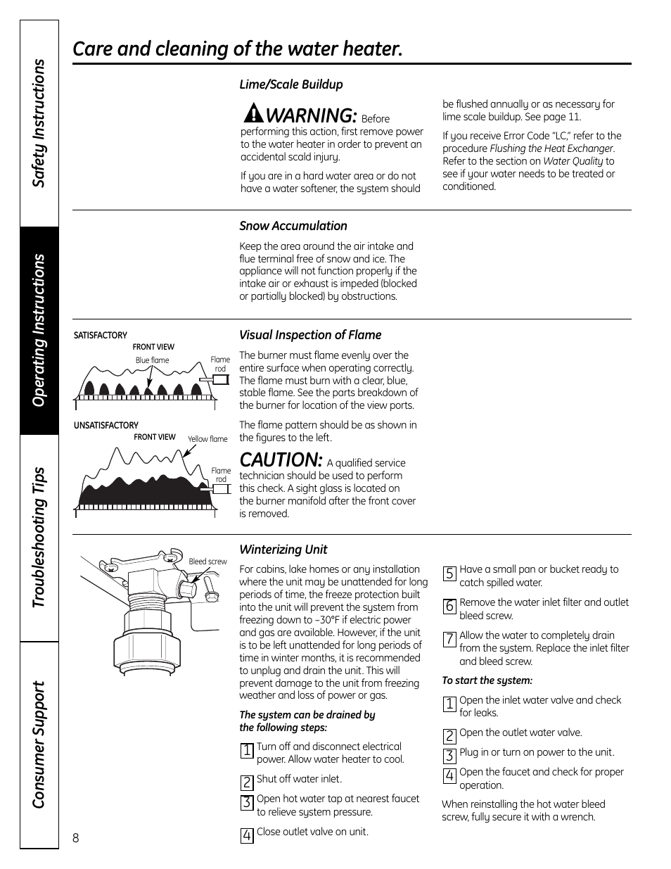 Care and cleaning of the water heater, Warning, Caution | GE GP94DNSRSA User Manual | Page 8 / 16