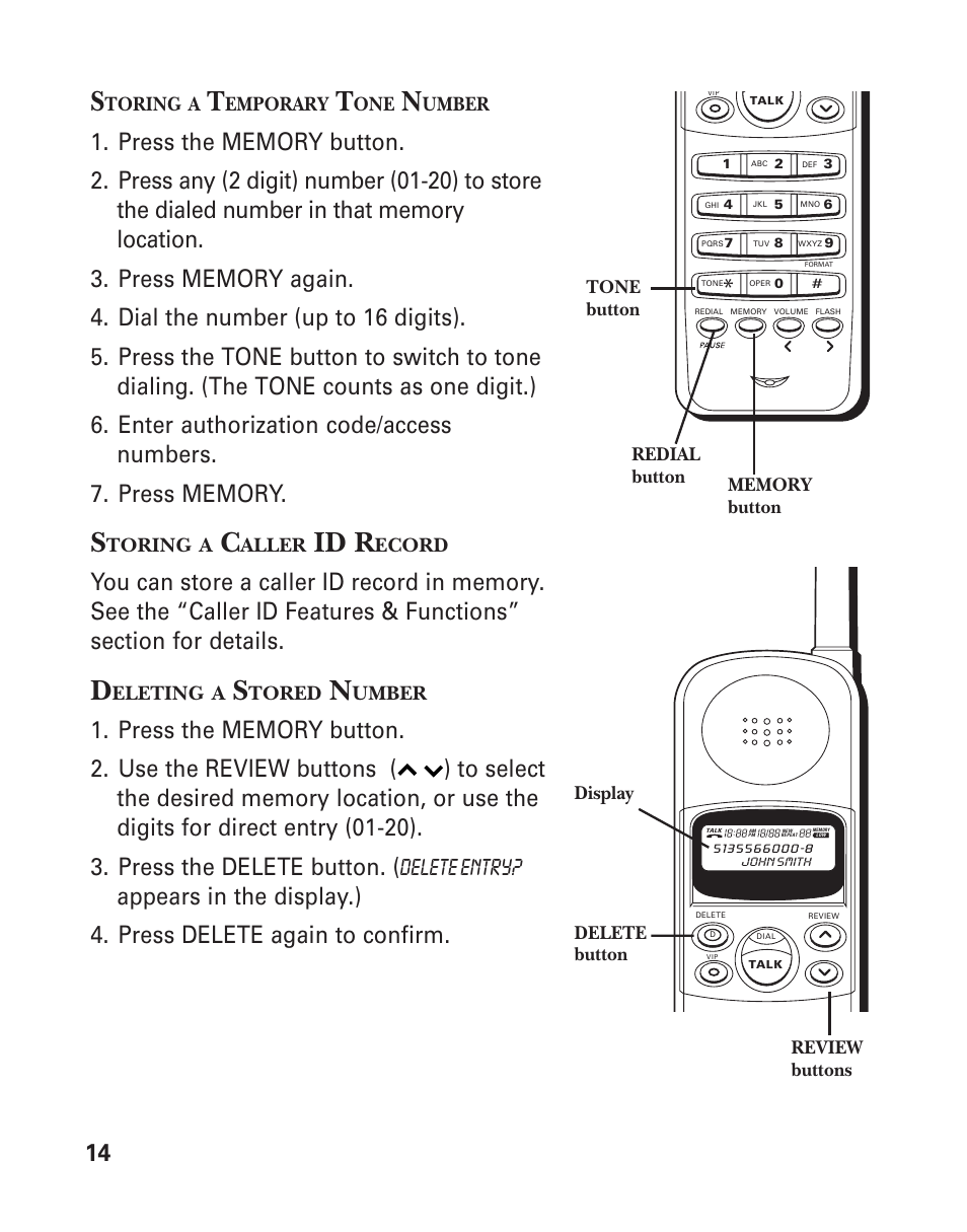 Id r, Toring, Emporary | Umber, Aller, Ecord, Eleting, Tored | GE 2-930SST User Manual | Page 14 / 32