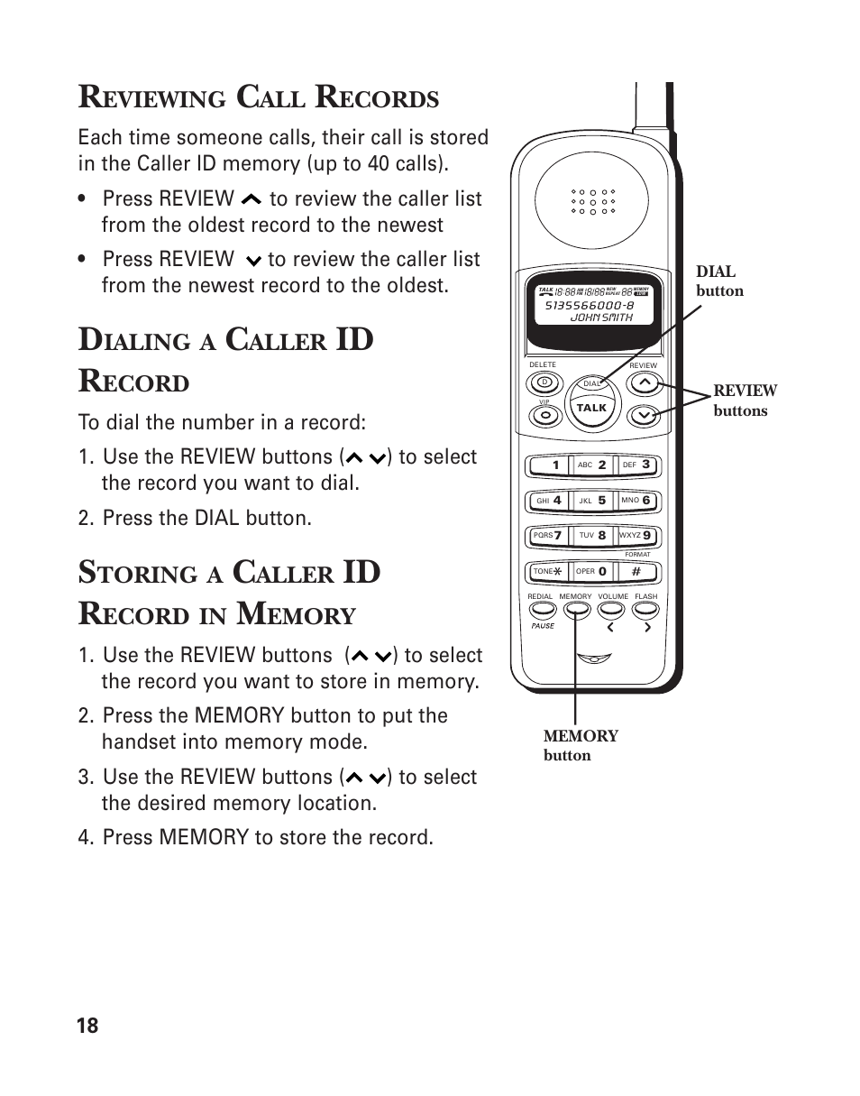 Id r, Eviewing, Ecords | Ialing, Aller, Ecord, Toring, Emory | GE 2-930SST User Manual | Page 18 / 32