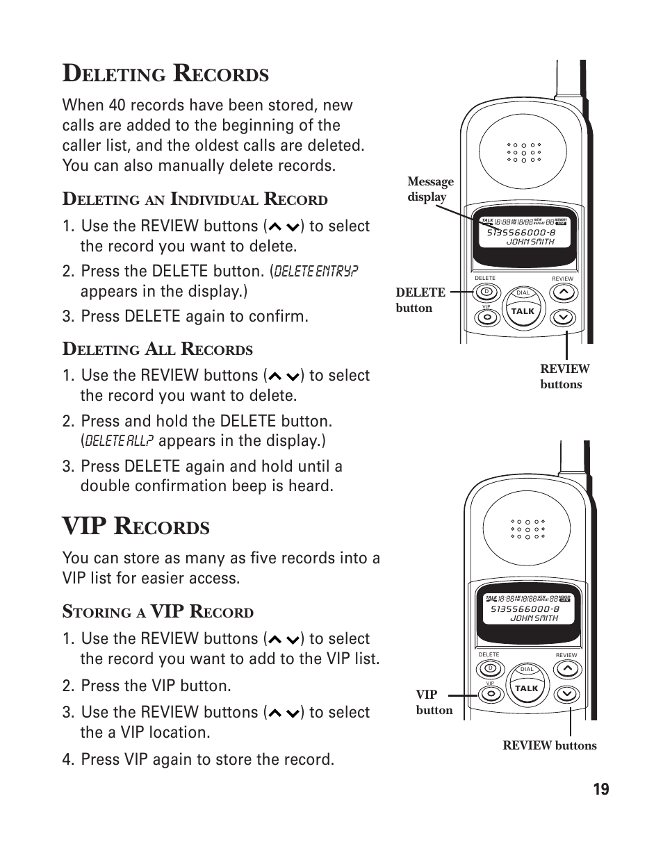 Vip r, Eleting, Ecords | GE 2-930SST User Manual | Page 19 / 32