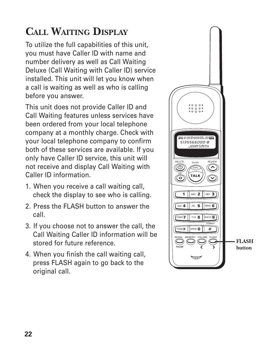 Aiting, Isplay, Flash button | GE 2-930SST User Manual | Page 22 / 32