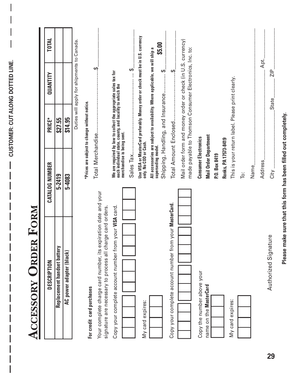 Ccessor y, Rder | GE 2-930SST User Manual | Page 29 / 32