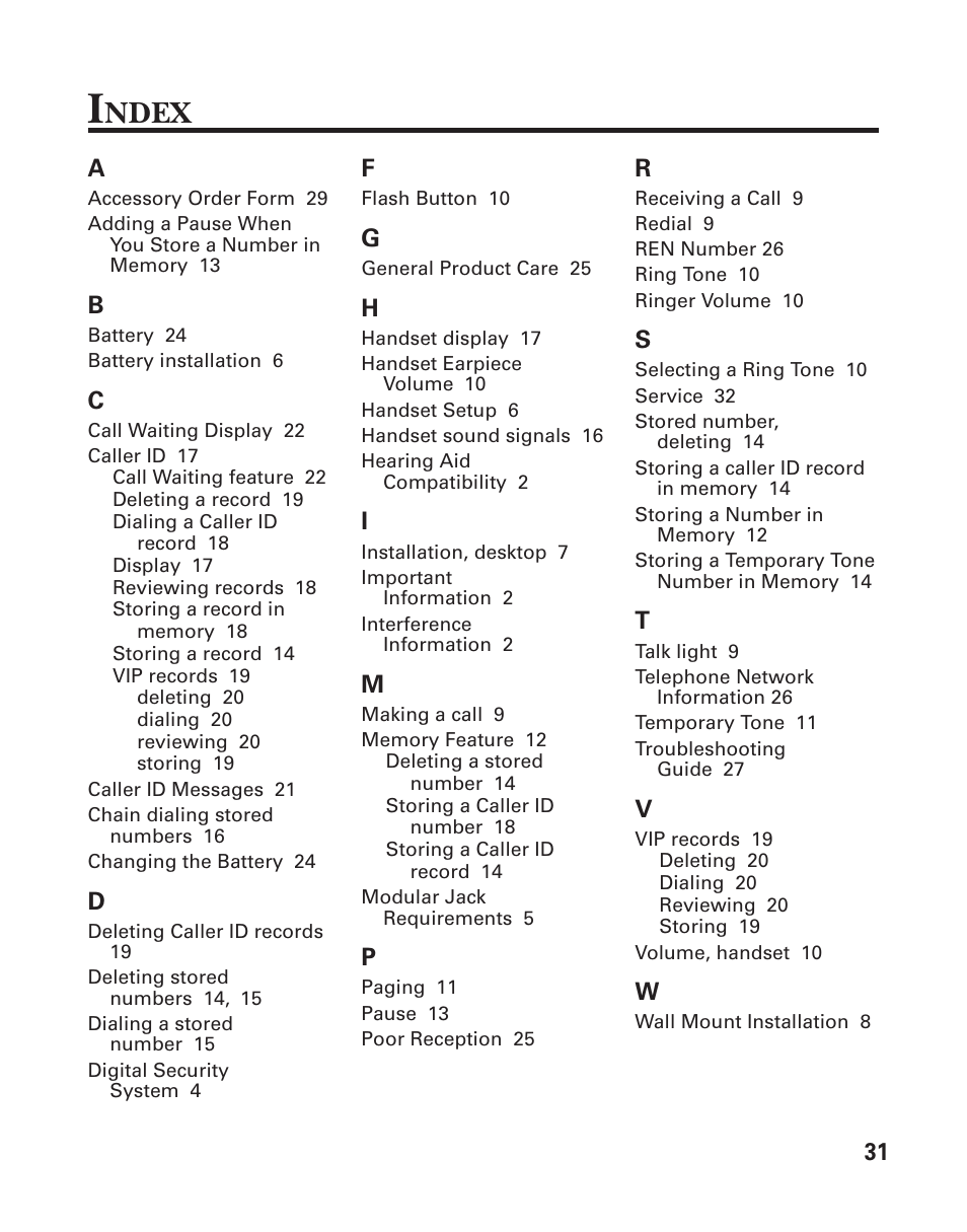 Ndex | GE 2-930SST User Manual | Page 31 / 32