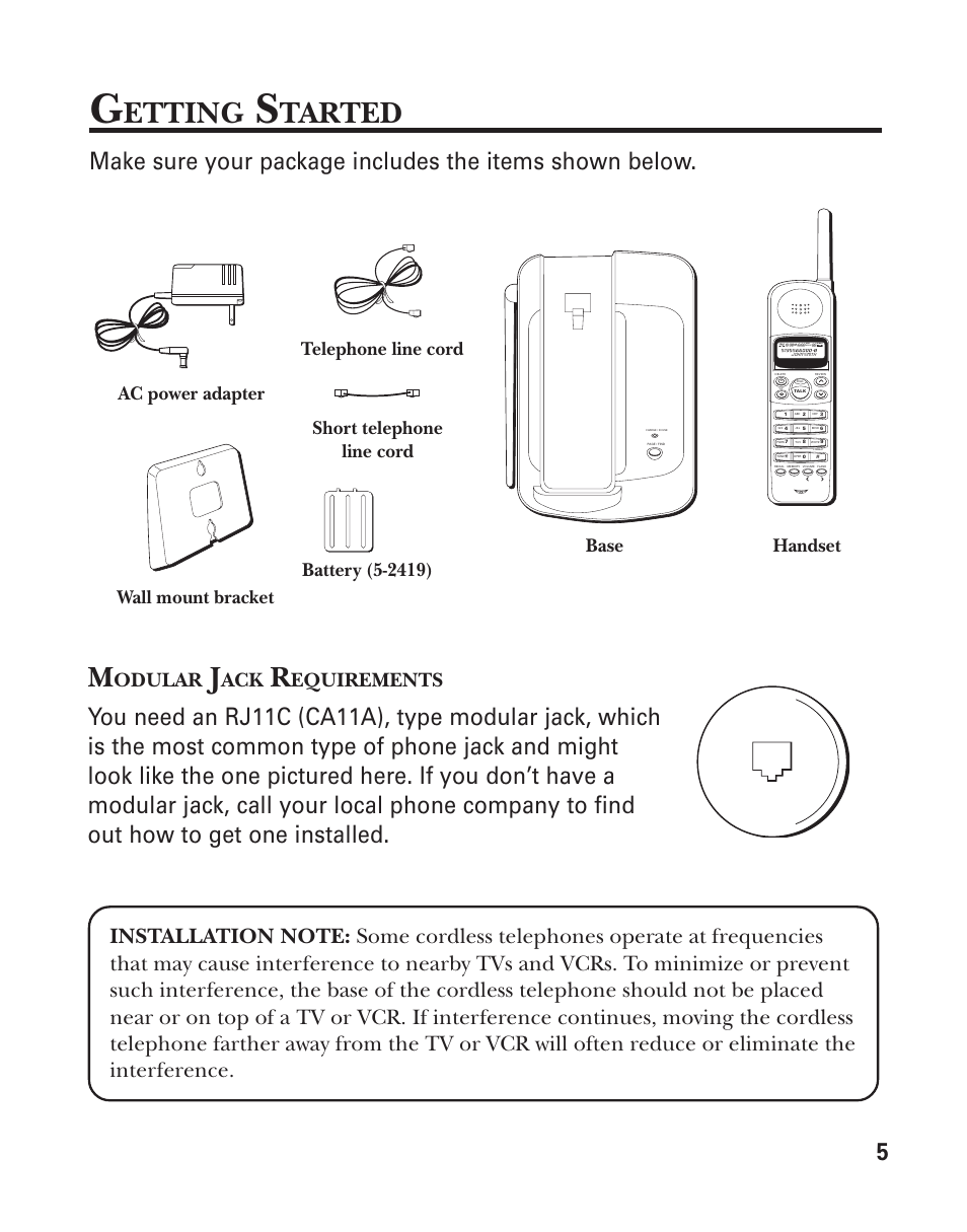 Etting, Tarted, Odular | Equirements, Ac power adapter telephone line cord, Handset base short telephone line cord, Wall mount bracket | GE 2-930SST User Manual | Page 5 / 32