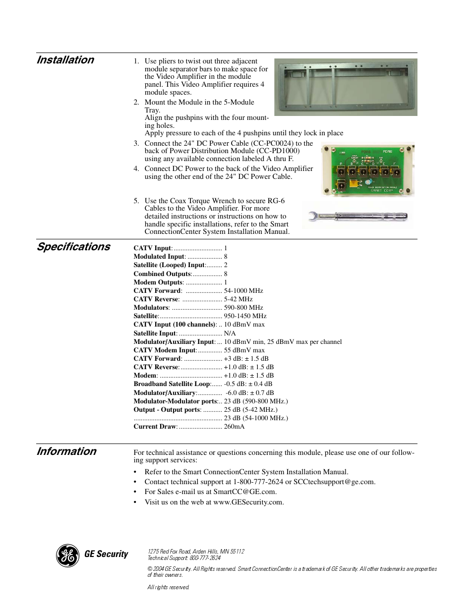 Installation, Specifications, Information | GE TV Video Accessories User Manual | Page 2 / 2