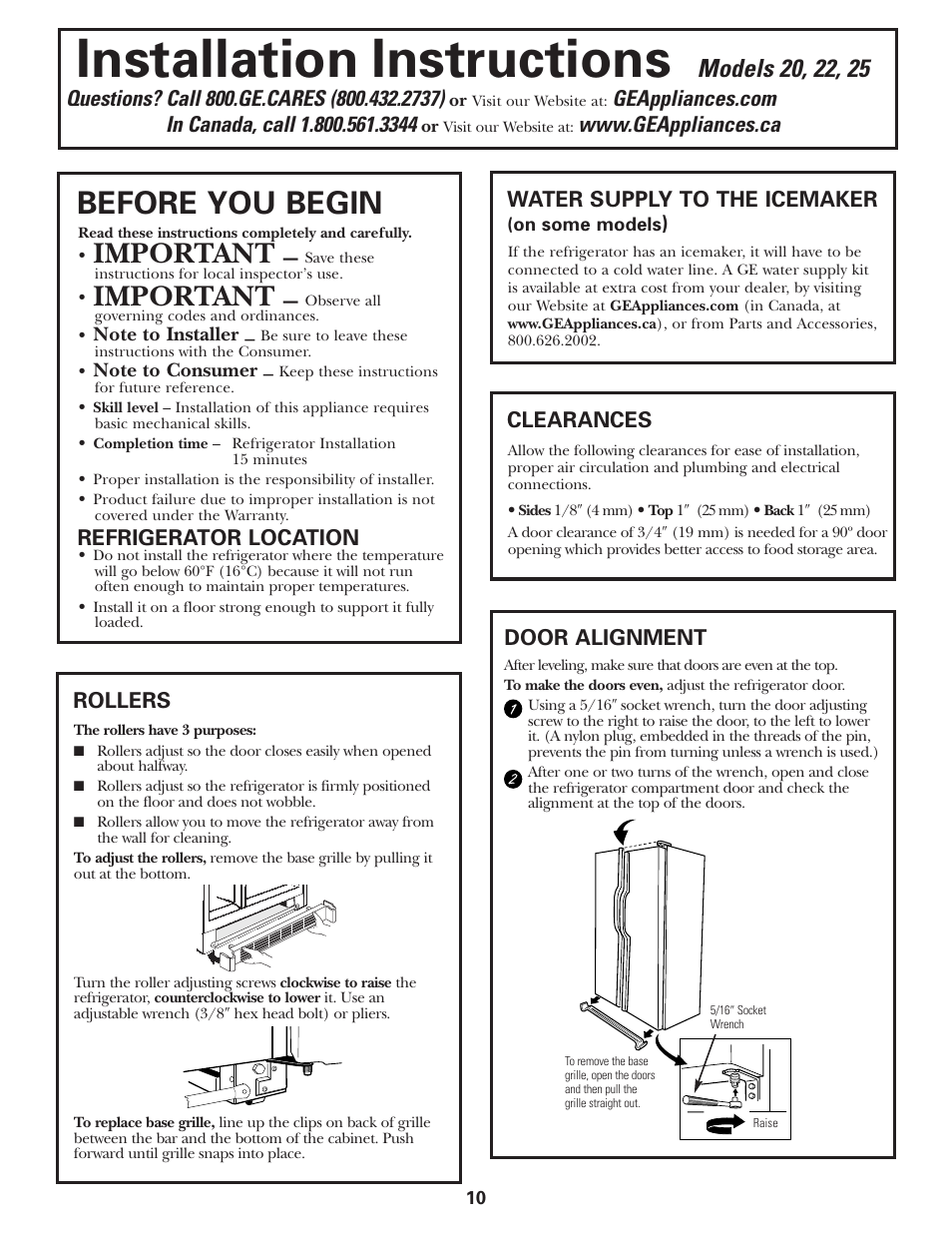 Preparing to install, Installation instructions, Before you begin | Important, Refrigerator location, Clearances, Water supply to the icemaker, Rollers, Door alignment | GE 197D3351P020 User Manual | Page 10 / 64