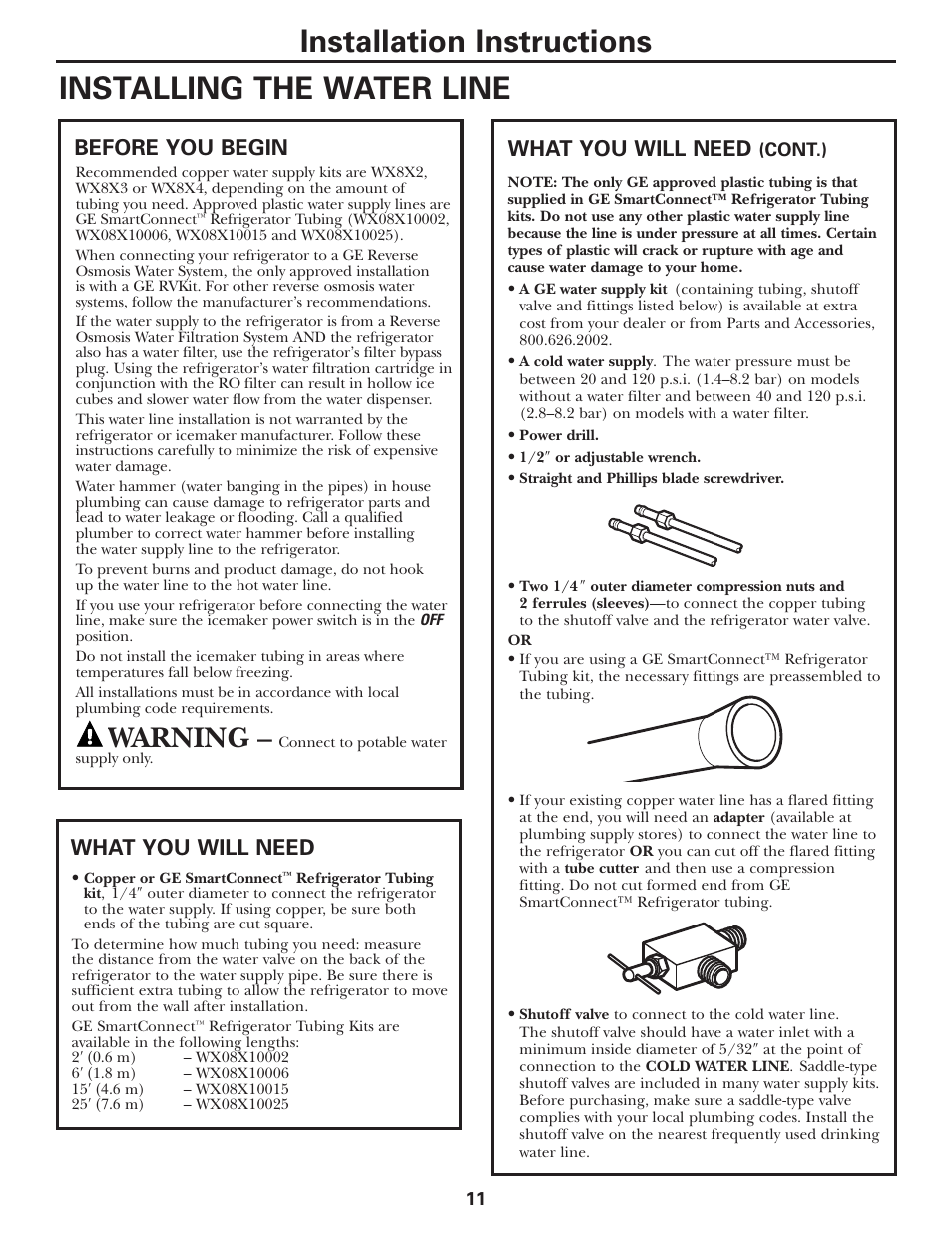 Water line installation, Water line installation –13, Installation instructions | Installing the water line, Warning, Before you begin, What you will need | GE 197D3351P020 User Manual | Page 11 / 64