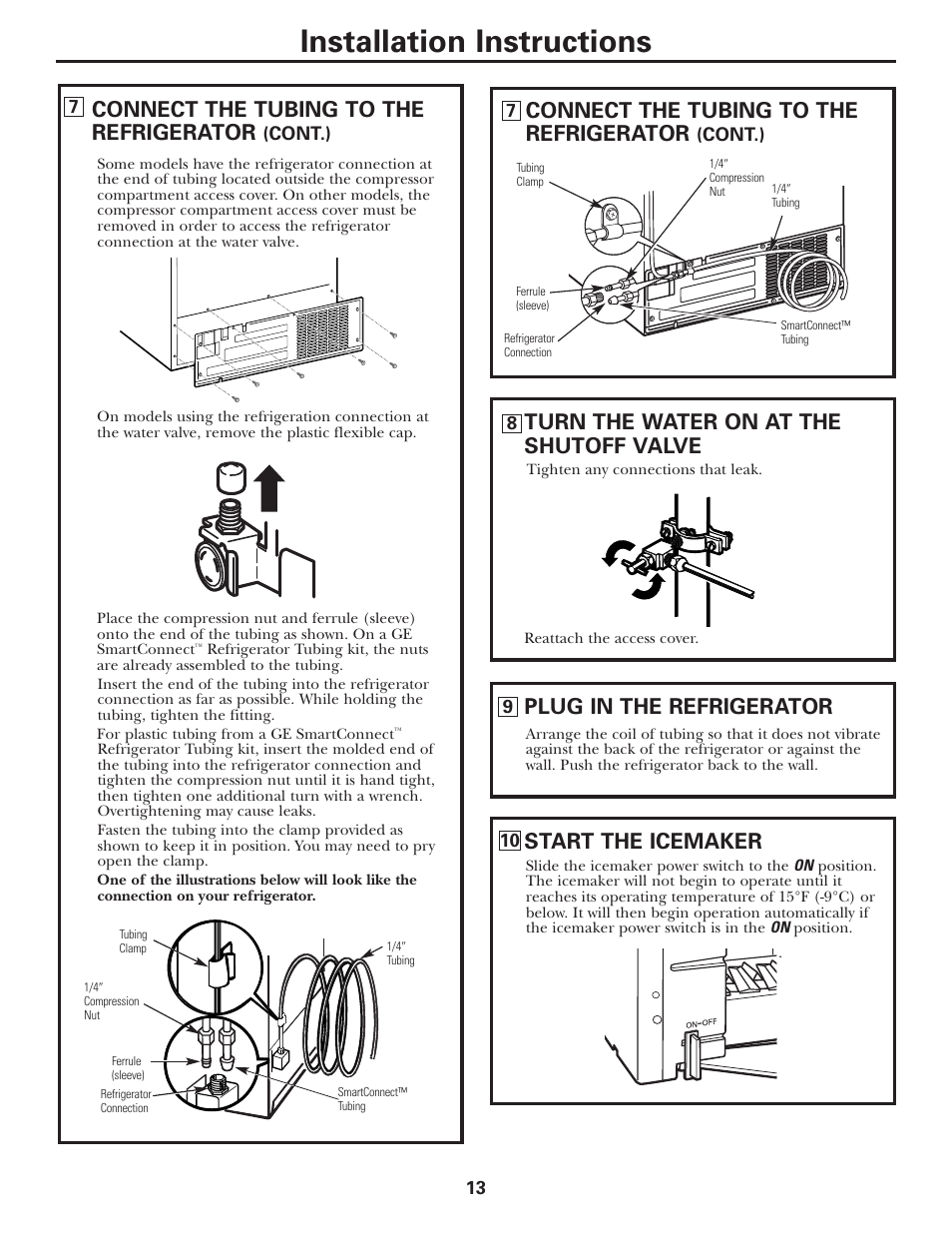 Installation instructions, Connect the tubing to the refrigerator, Plug in the refrigerator | Start the icemaker | GE 197D3351P020 User Manual | Page 13 / 64