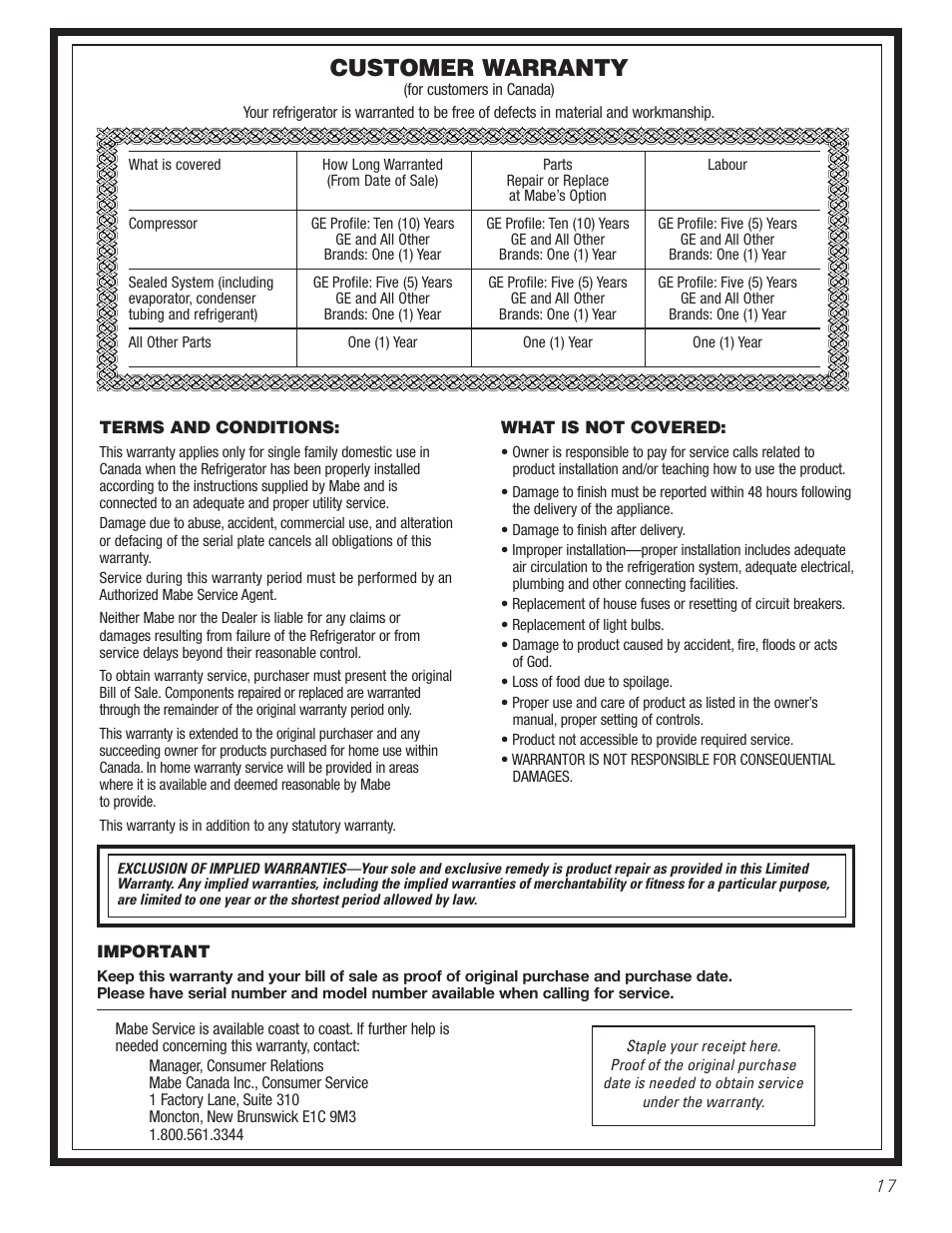 Warranty (canadian), Customer warranty | GE 197D3351P020 User Manual | Page 17 / 64