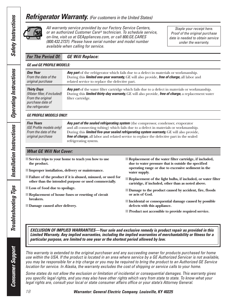 Warranty (u.s.), Refrigerator warranty | GE 197D3351P020 User Manual | Page 18 / 64