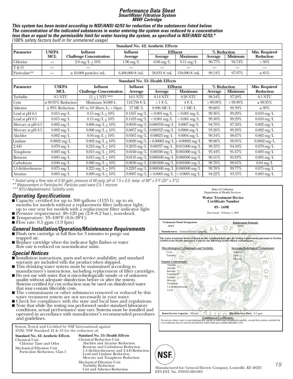 Performance data sheet, Operating specifications, Special notices | GE 197D3351P020 User Manual | Page 19 / 64
