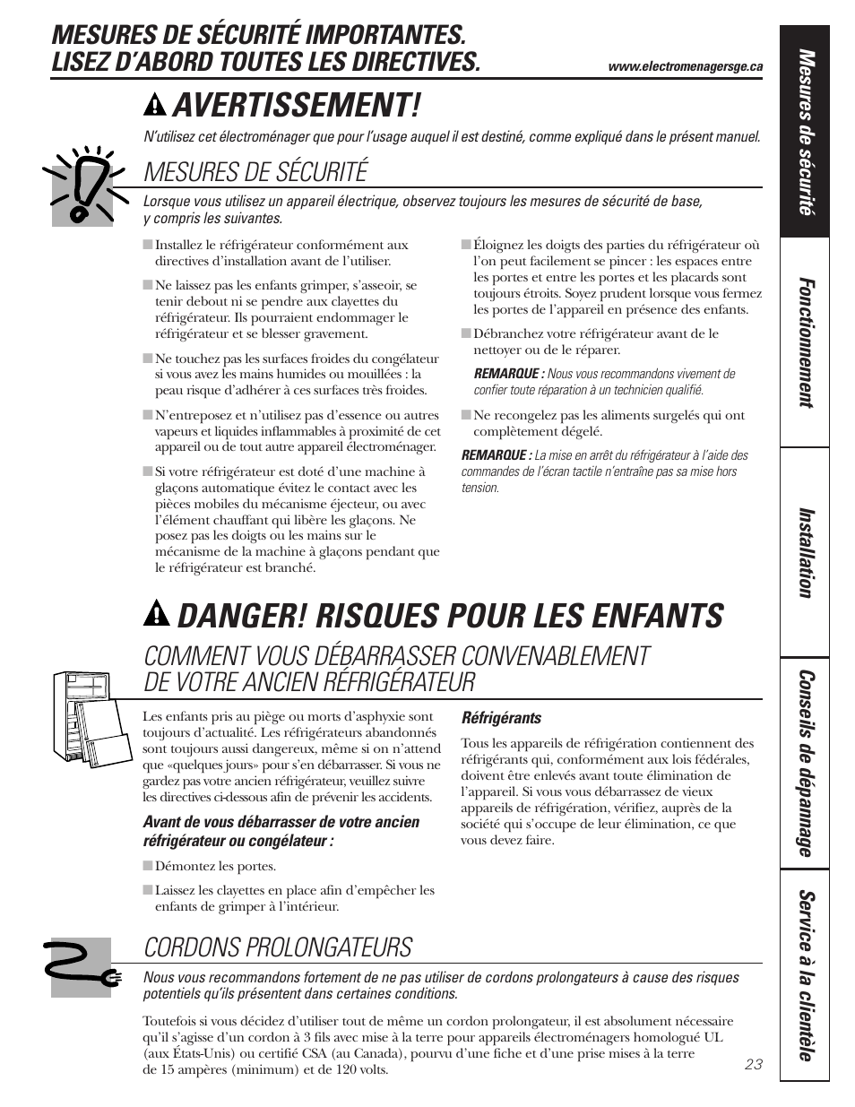 Cordons prolongateurs, Mesures de sécurité, Avertissement | Danger! risques pour les enfants | GE 197D3351P020 User Manual | Page 23 / 64