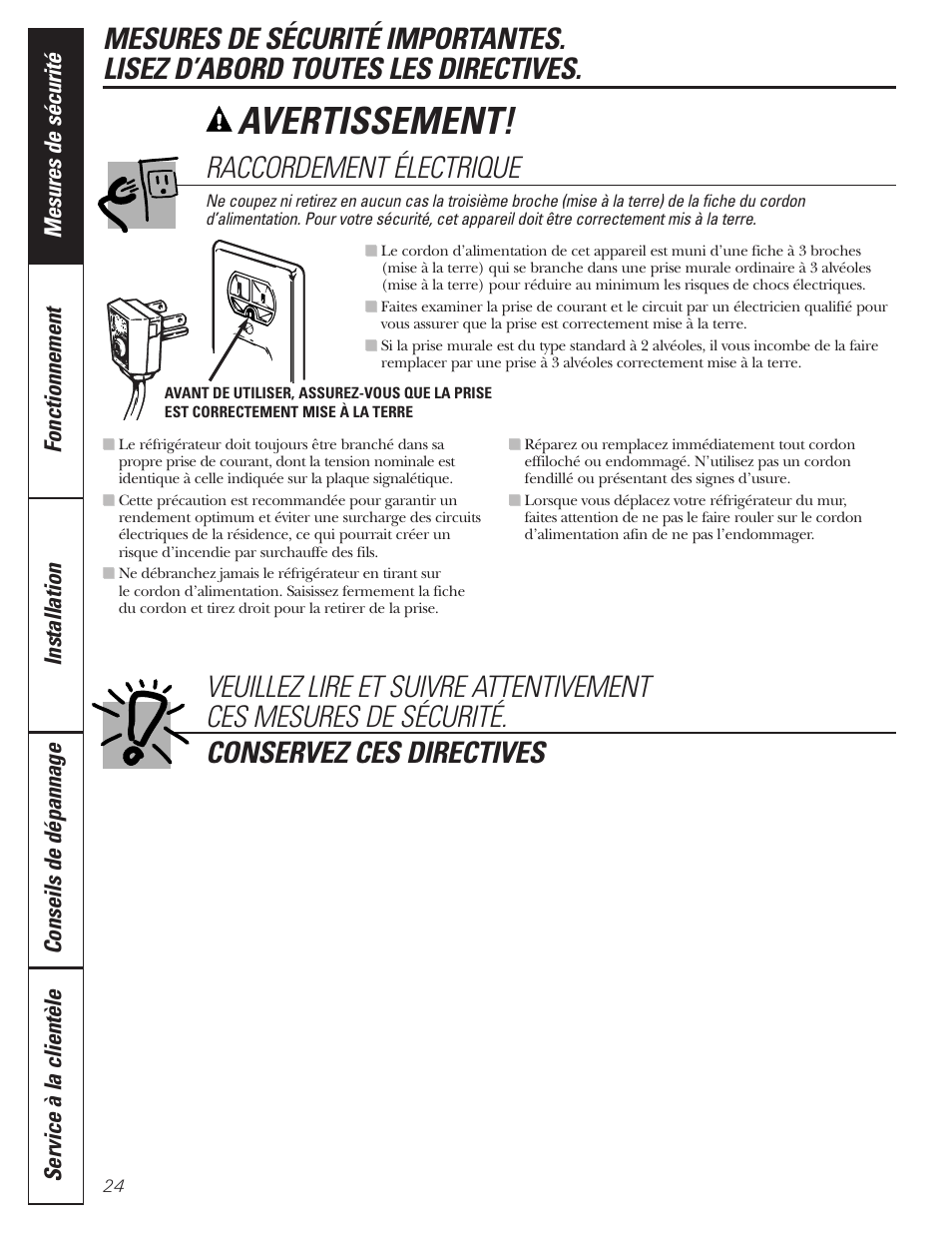 Raccordement électrique, Avertissement | GE 197D3351P020 User Manual | Page 24 / 64